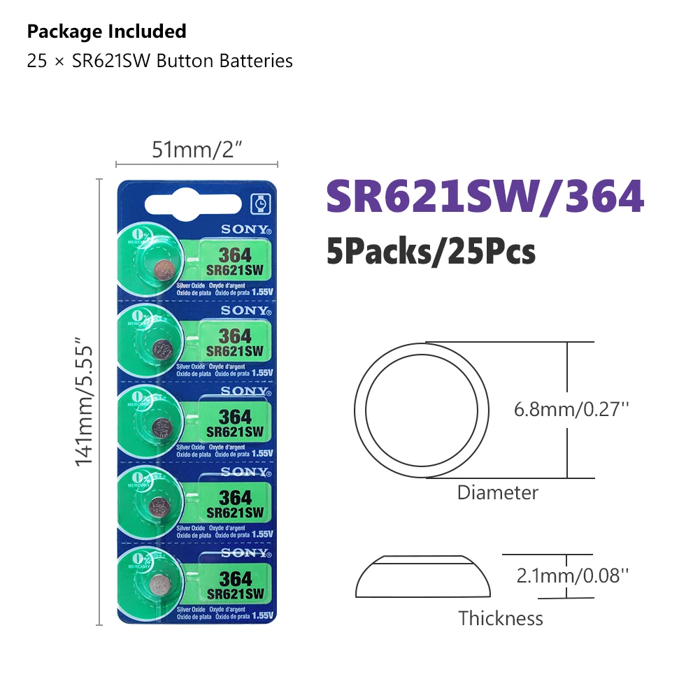 25 шт./лот для SONY, долговечная батарея AG1 364 LR621 164 531 SR60 SR621SW 1,55 V, батарейка для часов, Кнопочная монета,, бренд