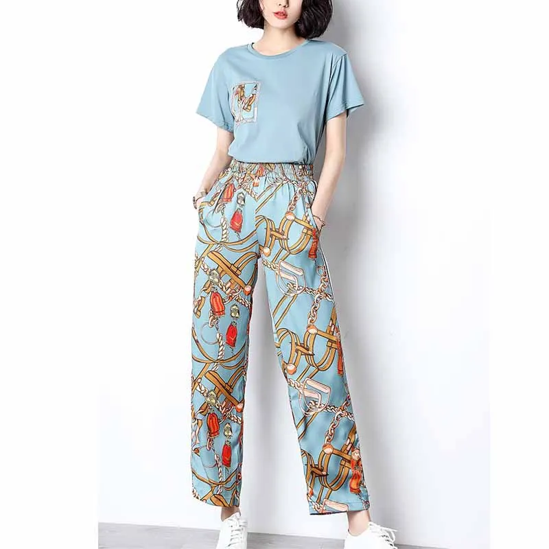 

Western Style by Age-Style Crew Neck Printed T-shirt Casual Loose Pants Set Two-Piece Set Female Spring 2019 New Style