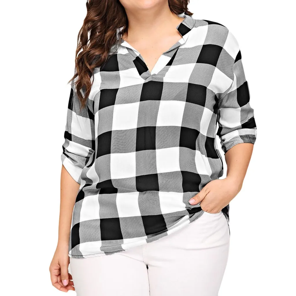 

Women Fashion Plaid Blouse Shirts Autumn Fashion Three Quarter Sleeve Roll Up Tunic Plus Size Casual Elegant V Neck Top Clothes