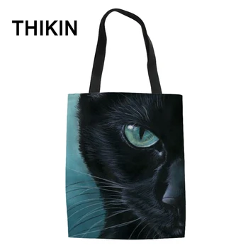 

THIKIN 3D Black Cat Print Canvas Tote Bags for Teenagers Cute Animals Book Bags Customize Ladies Foldable Shopping Bag Wholesale