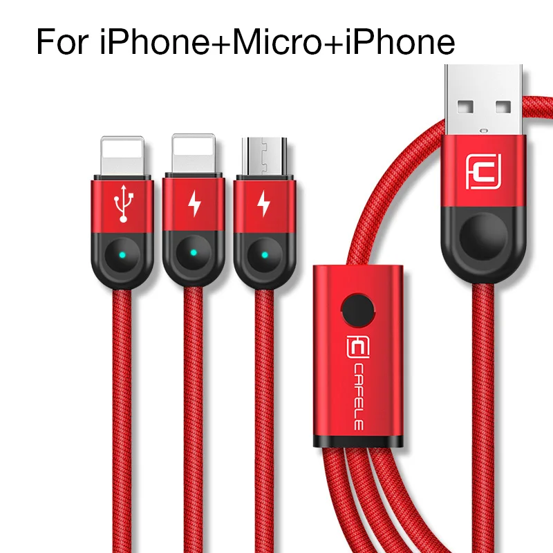 Cafele мульти светодиодный usb-кабель для iPhone кабель Micro USB C 3 в 1 Плетеный зарядный кабель для iPhone X/8 plus/7 plus - Цвет: L-L-M Red