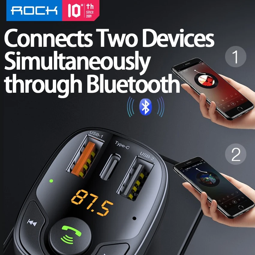 Автомобильное зарядное устройство ROCK USB C быстрая зарядка 3 порта Bluetooth FM