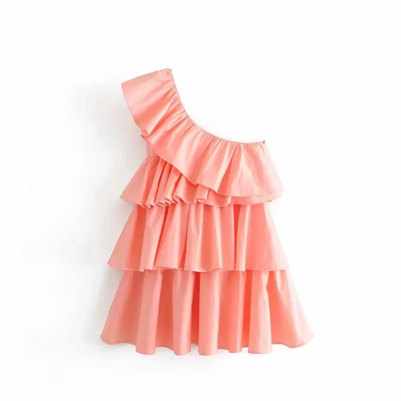 Mode Vrouwen Roze Gelaagde Ruffle Asymmetrische Jurk Sexy Dame Schuine Hals Mouwloos Mini Party Jurk Zomer Vestidos Mode Vrouwen Roze Gelaagde Ruffle Asymmetrische Jurk Sexy Dame Schuine Hals Mouwloos Mini Party Jurk Zomer Vestidos