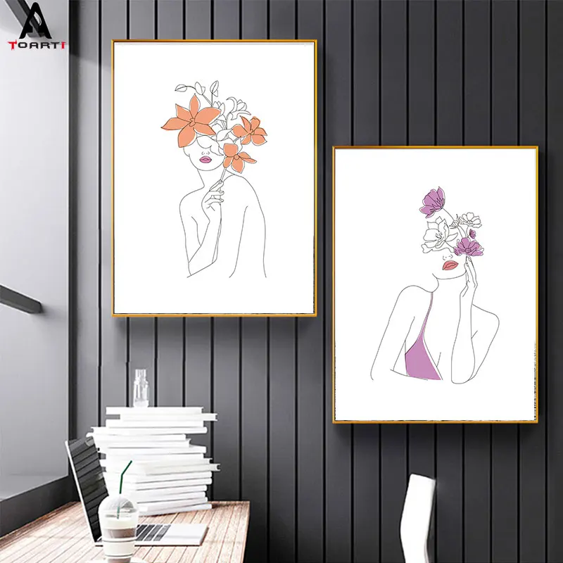 Минималистский принты плакаты чертёжные линии женщины с цветами холст живопись красочные обои Гостиная Спальня домашний декор