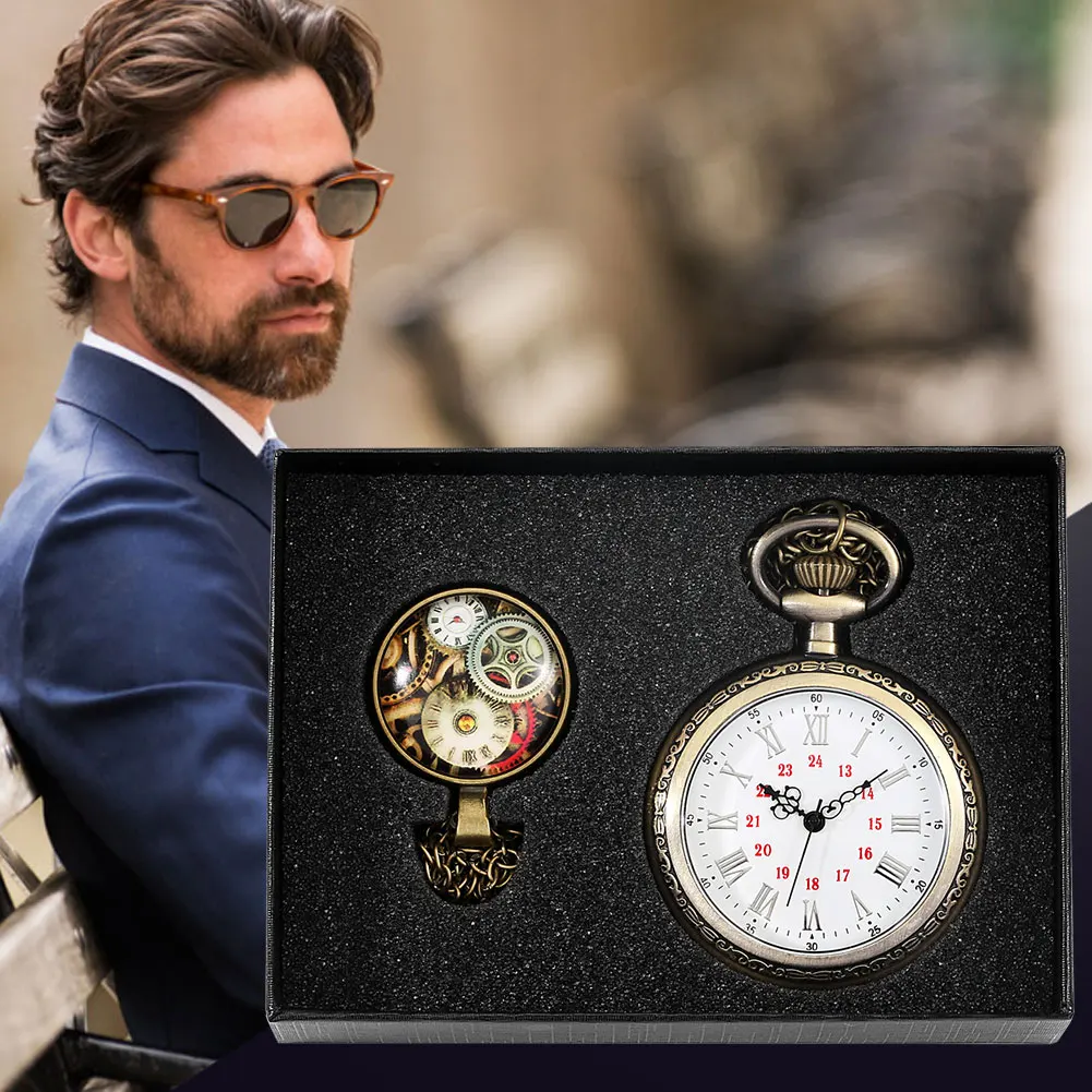 Simple Pocket Watch Set Men's Quartz Watch Roman Numeral Dial Women's Pendant Clock Alloy Necklace with Accessories Gifts Box