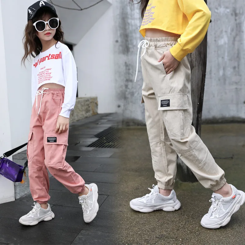 Штаны в стиле хип-хоп штаны-шаровары для девочек модные брюки с карманами на талии модные детские свободные брюки с карманами детские спортивные штаны