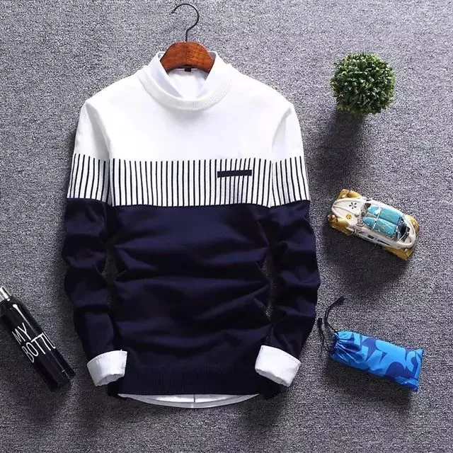 Новинка, мужской осенне-зимний шерстяной пуловер, облегающие полосатые трикотажные свитера, Мужская брендовая одежда, повседневная мужская одежда - Цвет: Navy