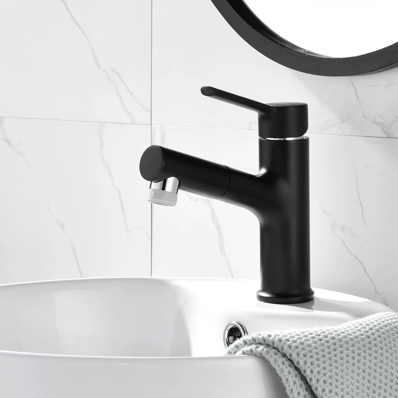 

Black Pull Out Basin Faucets Bathroom Cold and Hot Faucet Mixer Water Tap with Sprayer Dual Spout Black Color