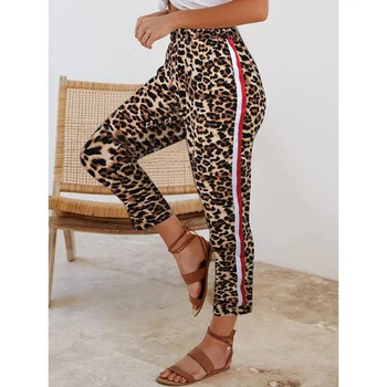 

Sale Elastic waist Leopard joggers Women Side Stripe Pants Long Trousers Side Stripe Pants Loose Patchwork Pencil Trousers D30