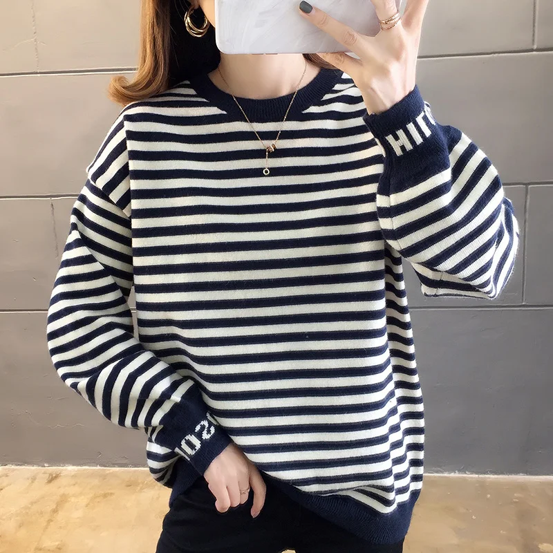 

Women Sweater Striped Autumn Winter Sweater Korean Version New Loose Pullover Sweater Primer Shirt Long Sleeve
