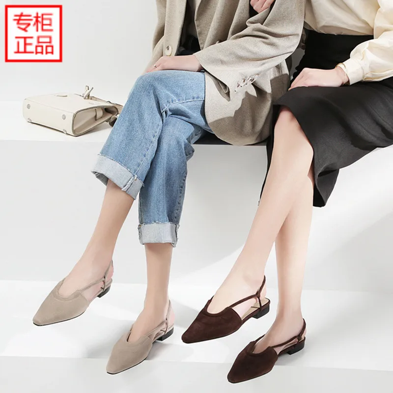 

Online Celebrity Spring And Summer New Style Semi-Closed-toe Sandals Women's Square Head Genuine Leather Sexy Flat Heel Versatil