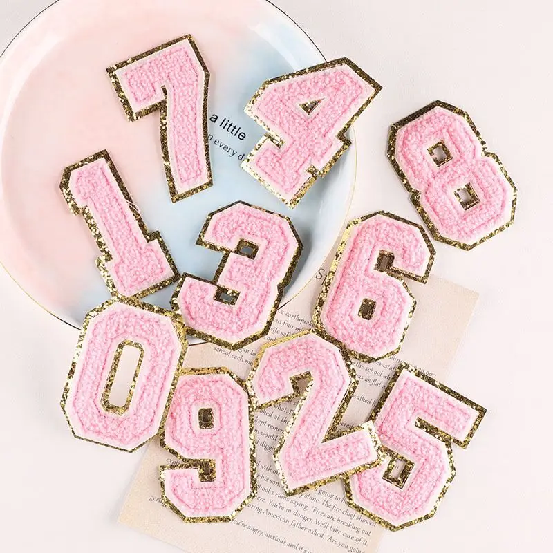 Pink Number 8 cm tall Yellow Towel Iron On Chenille Embroidered Alphabet Letters Clothes Patch For Clothing Girl Bulk PrIce | Дом и сад