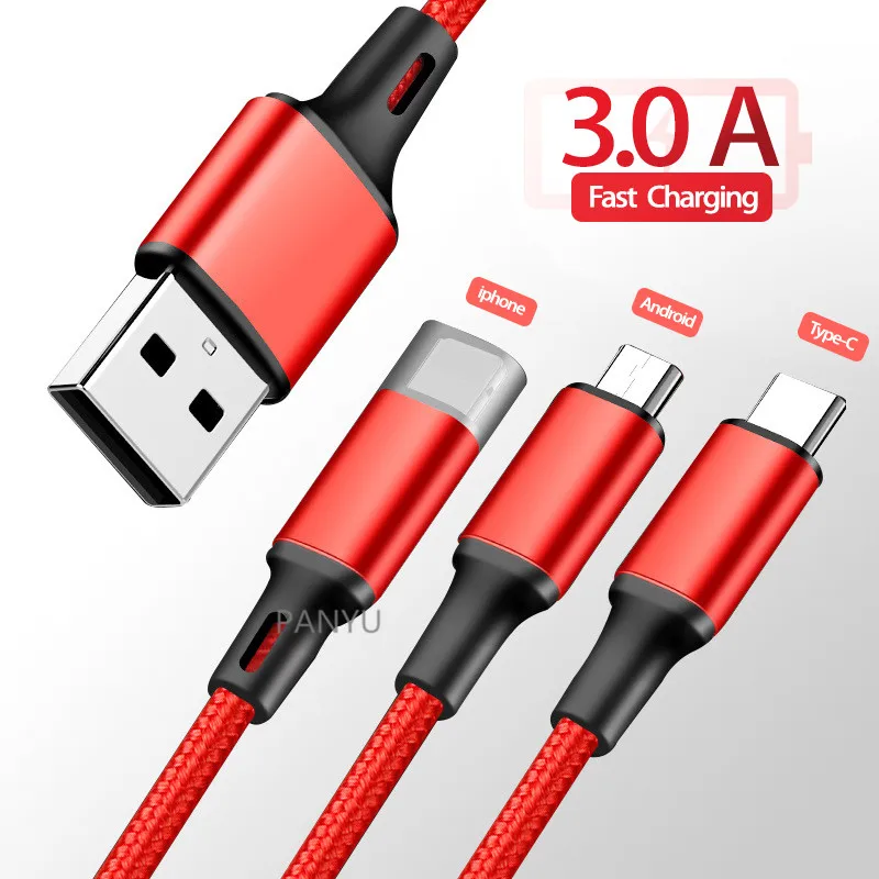 

1M 3 In 1 Micro USB Type-C Charger Cable 3A Fast Charging For Samsung S10 Note 10 Multi USB Port Interface Mobile Phone Cables