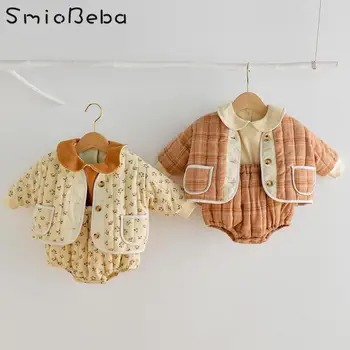 

Baby Korean Boys Girls Rompers +Coat Two Piece Sets Cotton Padded Long Sleeve Quilted Plaid Floral Jacket Winter Warm Jumpsuits
