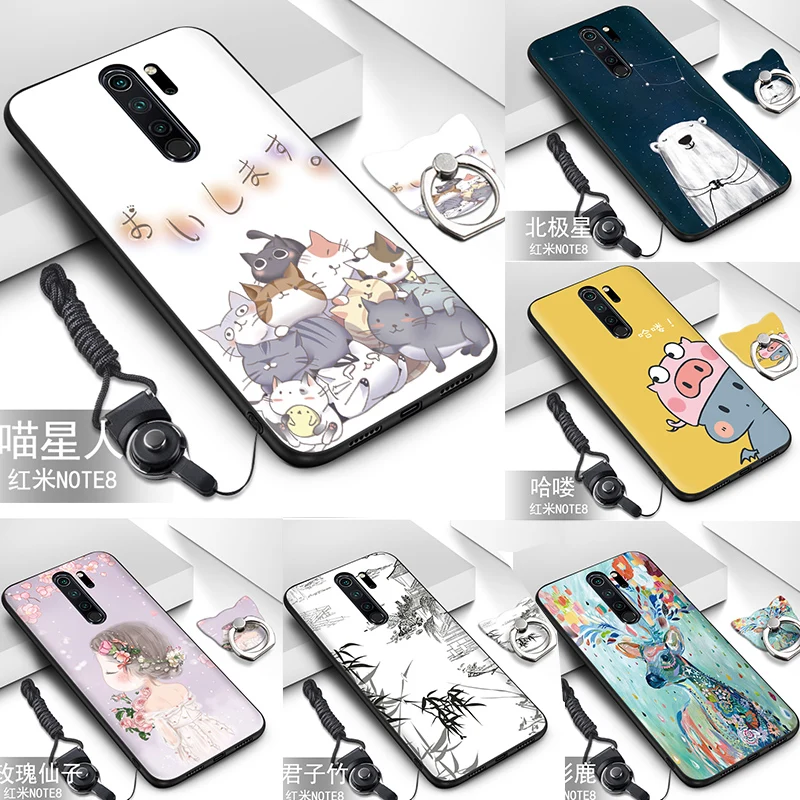 Черный силиконовый чехол с мультяшным рисунком для Xiaomi Redmi Note 8 кольцом на палец