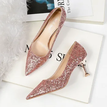 

glitter bling Pumps Women High Heels Shoes fashion pointed toe Slides shallow slip on shoes Zapatos de Mujer black gold silver