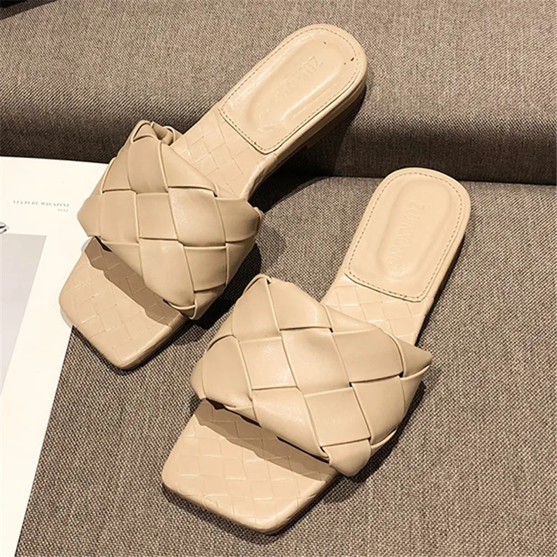 

New Summer Women Leather Flat Slippers Square Toe Weave Outdoor Open Toe Sandals Beach Shoes Lady shoes