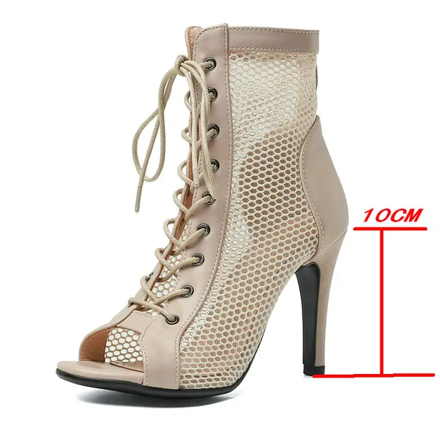 New Women's Sandals 2021 High Quality Air Mesh Sexy High Heels Open Toe Gladiator Sandal Black Summer Dancing Shoes Plus Size 47 Apricot-10cm