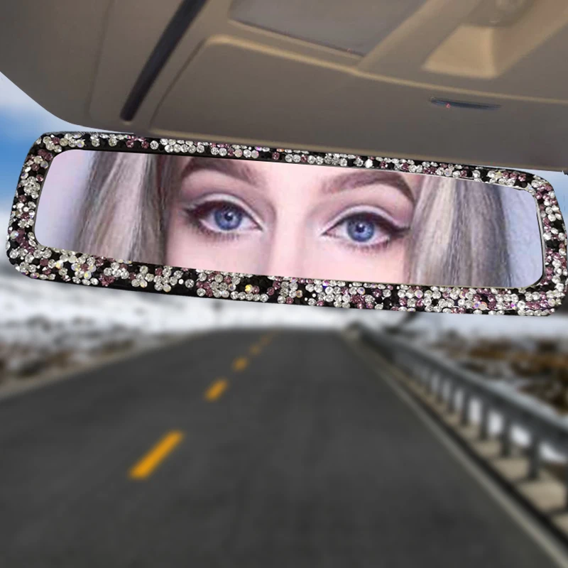 Rhinestone Car Interior Rear view Mirror Accessories Interior Decoration For Women Cute Rearview Bling Car Decor