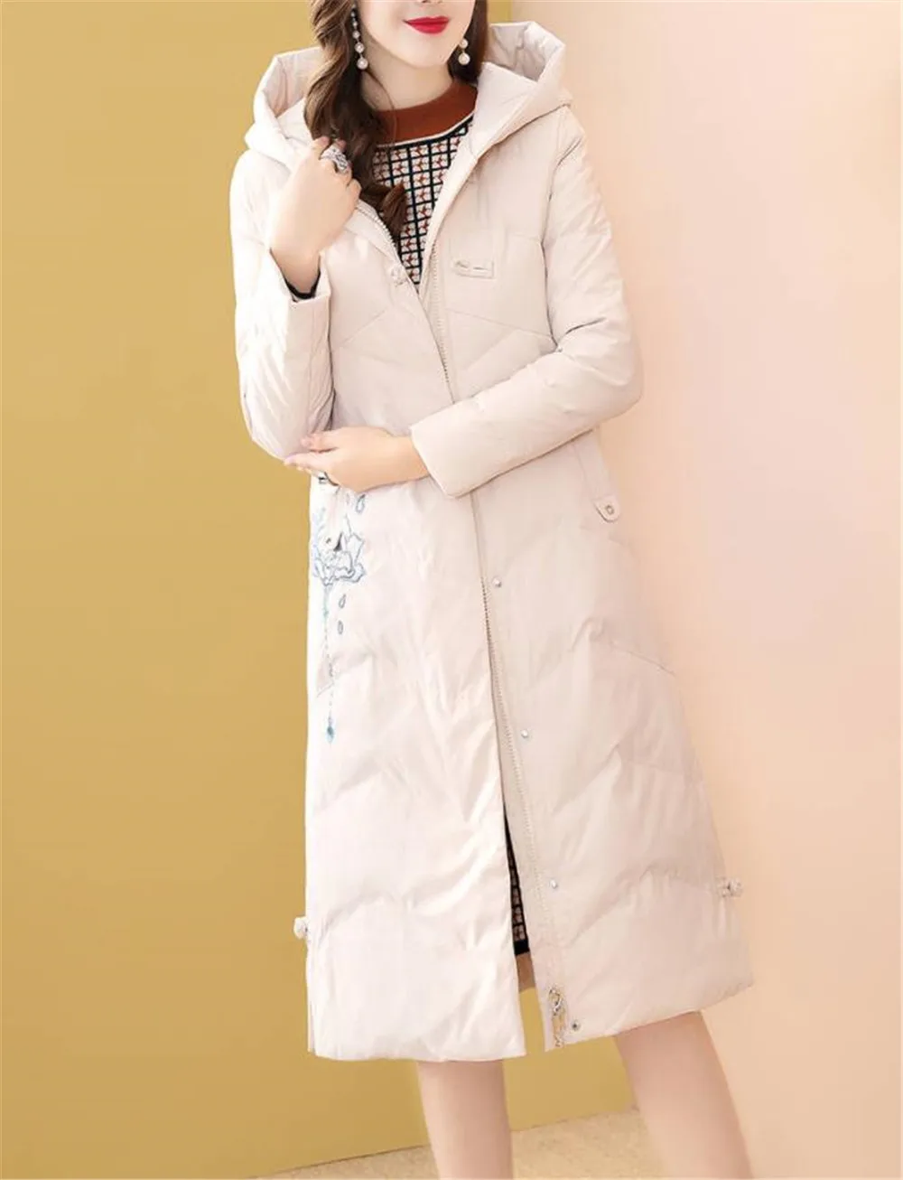 Women Down Jacket Fashion Embroidered Winter Parka Simple Light Long Coat Female Plus Size Outwear veste hiver 35 | Женская одежда