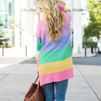 

Plus Size Womens Patchwork Long Sleeve Rainbow Stripe Cardigan Tops Sweater Coat