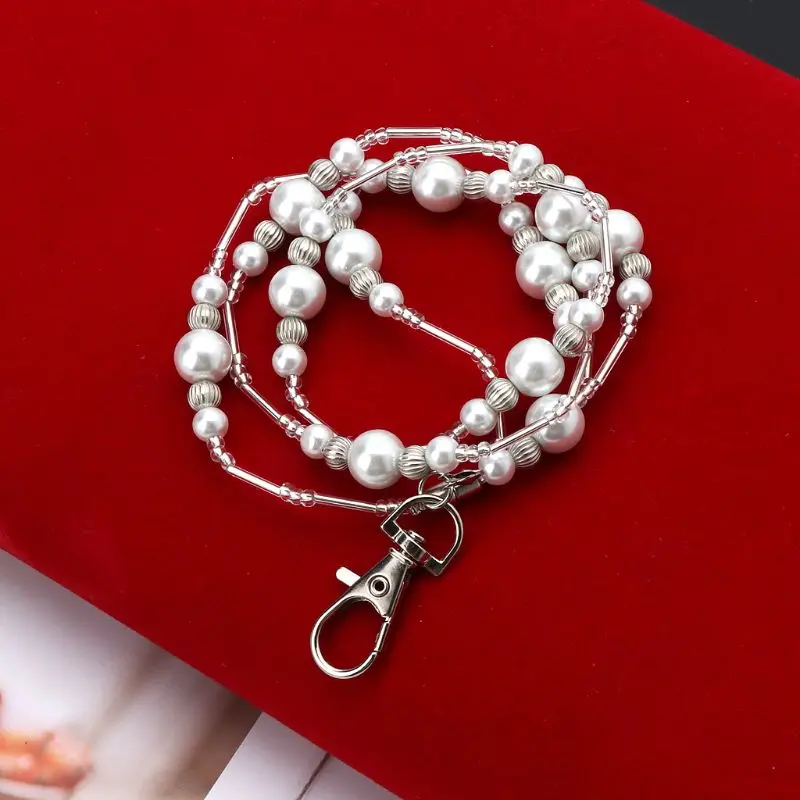 Hidden Hollow Beads White Pearls Beaded Lanyard ID Badge Holder Pendant Necklace K3ND