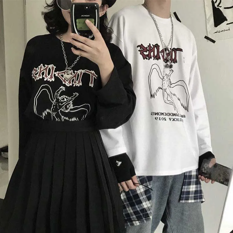 NiceMix весна корейский осень ulzzang Харадзюку улица хип-хоп Темный Ретро Ангел печать футболка ins модная свободная повседневная женская