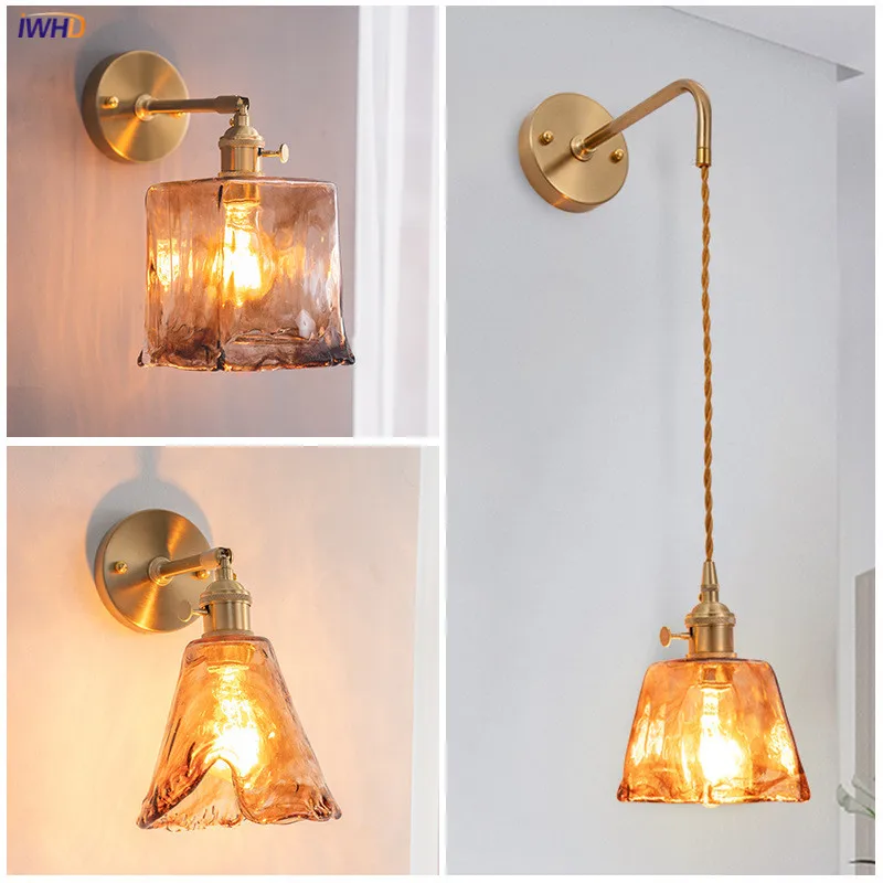

IWHD Japan Style Amber Glass Wall Lamp Switch Home Lighting Bedroom Living Room Stair Light Copper Modern Wandlamp Applique LED