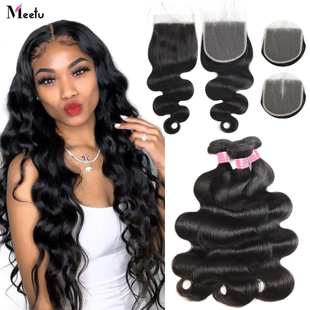 Liquidación Meetu onda del cuerpo mechones con cierre extensiones de cabello humano mechones con cierre brasileño RemyHair mechones con HD transparente Cierre de encaje aJjzVpQO