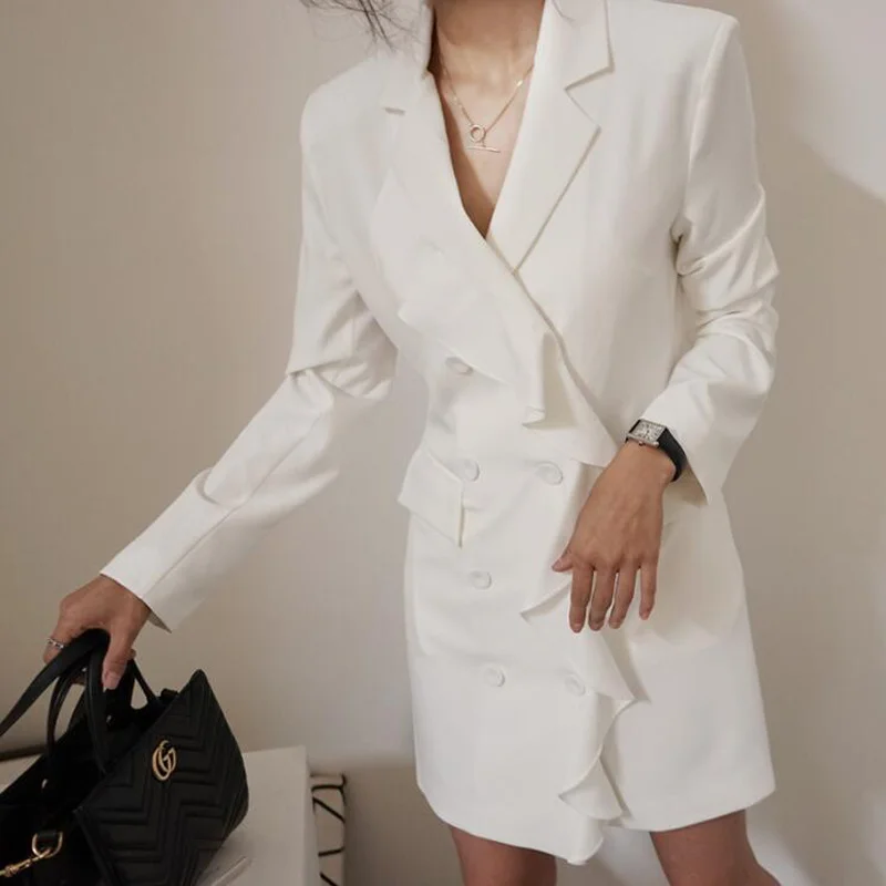 

New 2020 Autumn Winter Women's Blazers Buttons Pockets Jackets Notched Vintage Ruffles Office Elegant Tops CL719
