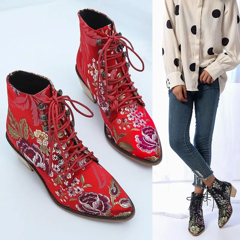 New Women Luxury Silk Boots short Ankle Boots New Autumn and Winter Embroidery Women's Motorcycle Boots Lace-up Shoes Women