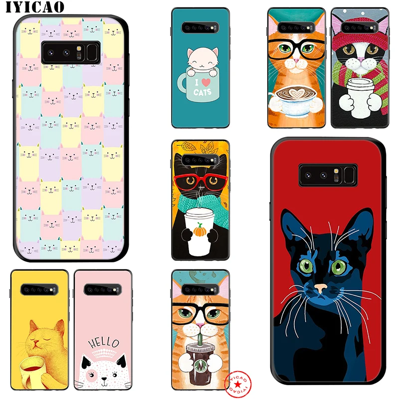 IYICAO Cat And Coffee Cut Soft Case for Samsung Galaxy S10e S10 S9 S8 Note 8 9 10 Plus S6 S7 Edge TPU |