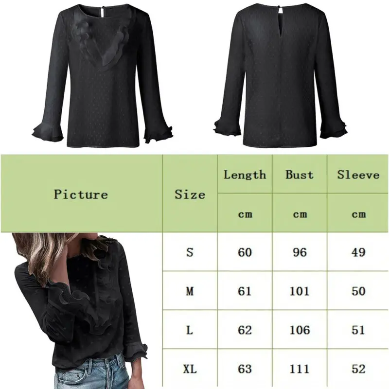 Vintage Women Chiffon Solid Color V-Neck Ruffle Trim Blouse Ladies Casual Long Sleeve Top Shirt Black Loose Female Blusas hot