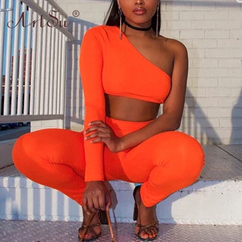 

ArtSu One Shoulder Long Sleeve Crop Top High Waist Tights Leggings Neon Sexy Two Piece Set 2020 Women Fitness Outfits Tracksuit