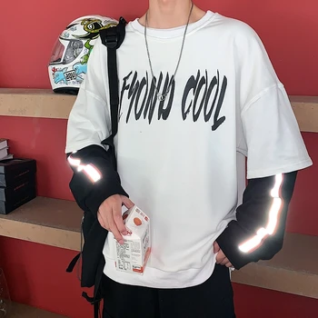 

2019 Autumn Men's False Two Piece Round Neck Coats Male Letter Printing Loose Pullover Hoodies Cotton Clothes Casual Sweatshirt