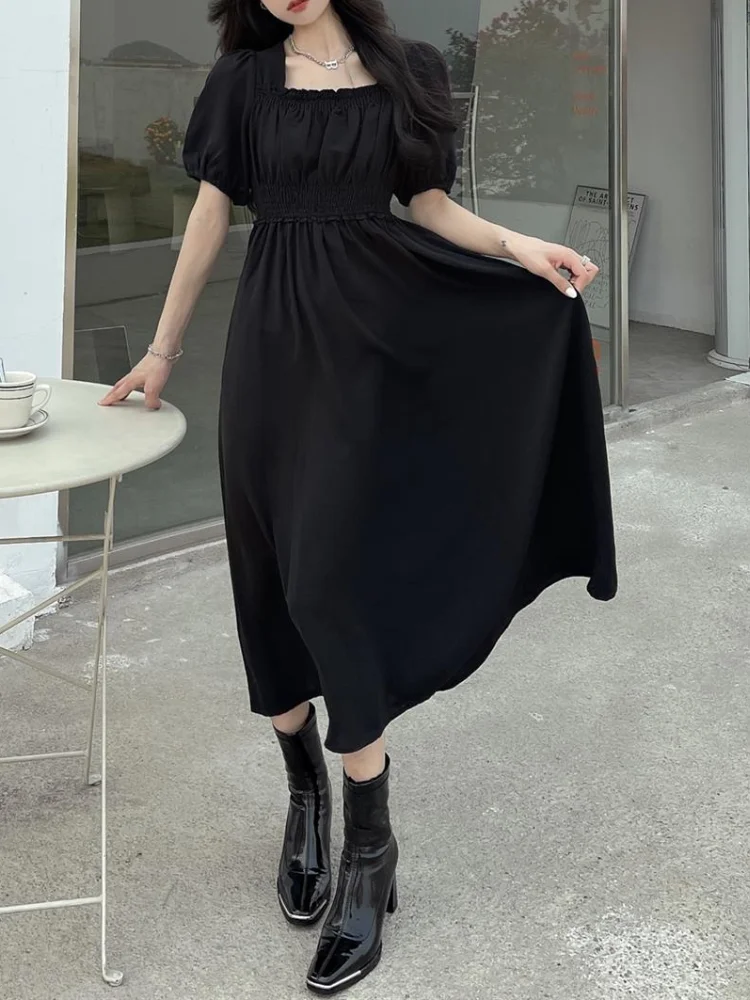 Black Vintage Midi Dress Elegant Women Dresses Square Collar Puff ...