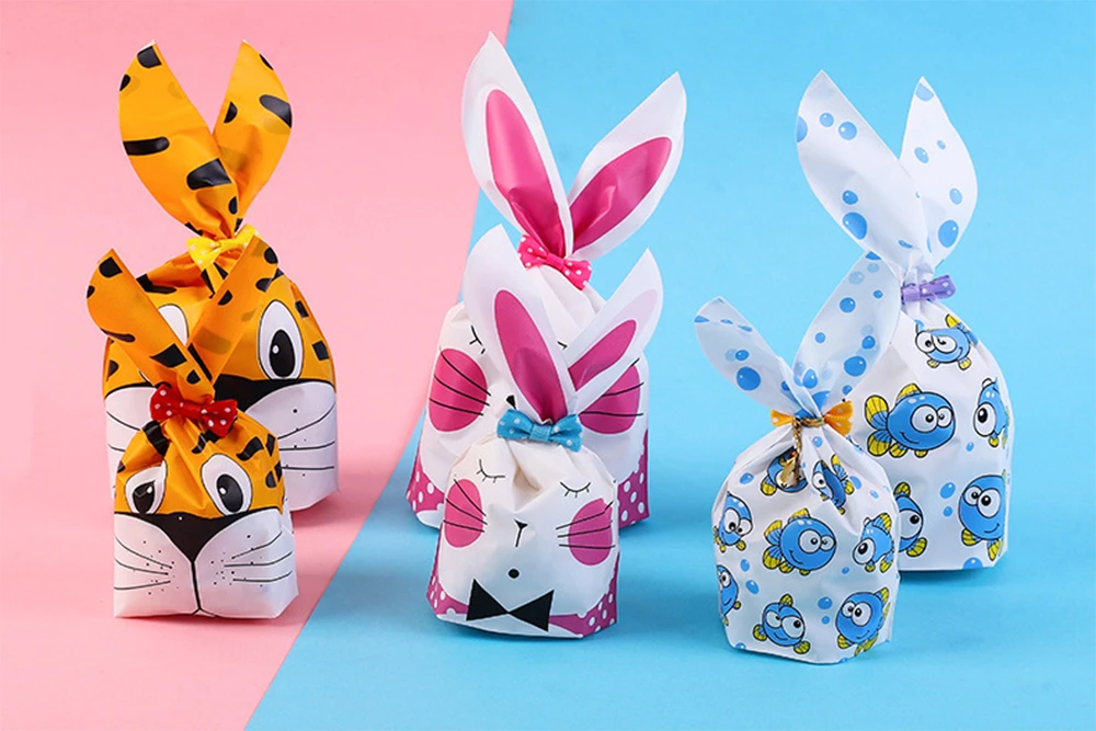 50 Pieces/batch Easter Cute Bunny Ear Bag Cookies Plastic Bags & Candy Gift Bags Cookies Snacks Baking Packaging Party Supplies