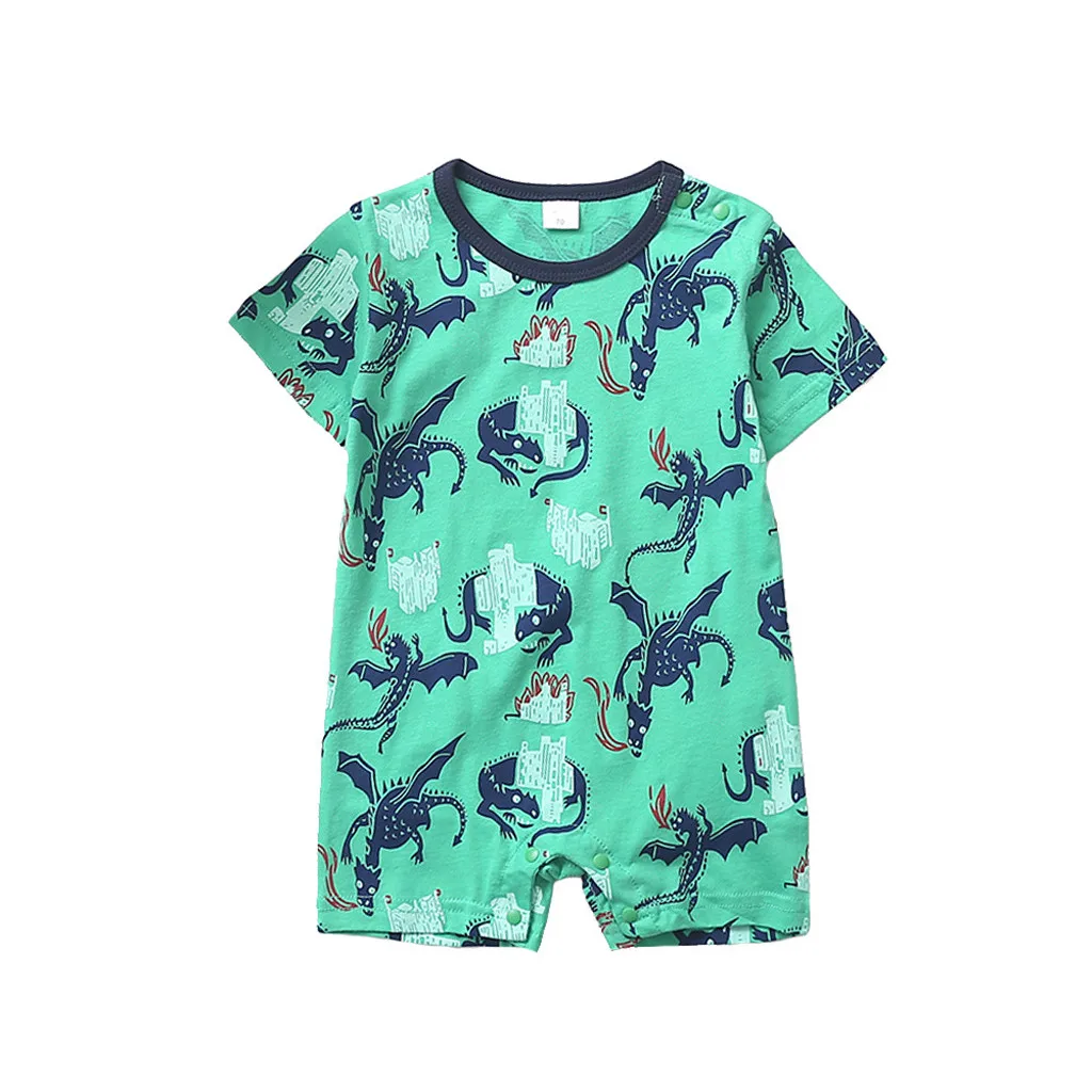 Рождественские Комбинезоны для маленьких девочек для мальчиков мультфильм Динозавр с принтом Комбинезон короткий рукав Мягкий хлопок с О-образным вырезом с воротником, одежда для малышей - Цвет: Green