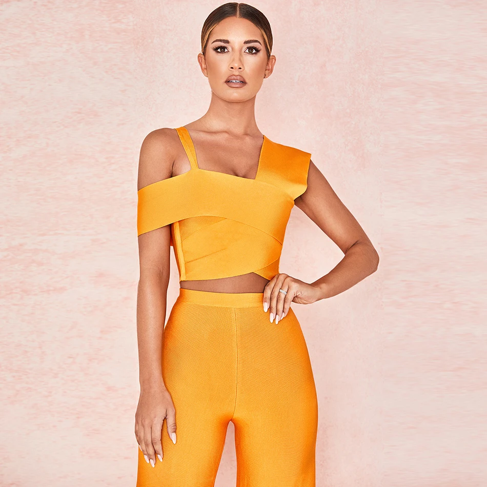 Autumn New Sexy Orange Women's Bandage Set Sleeveless Top& Wide Leg Pants 2 Two-piece Bodycon Celebrity Party Set Jumpsuit
