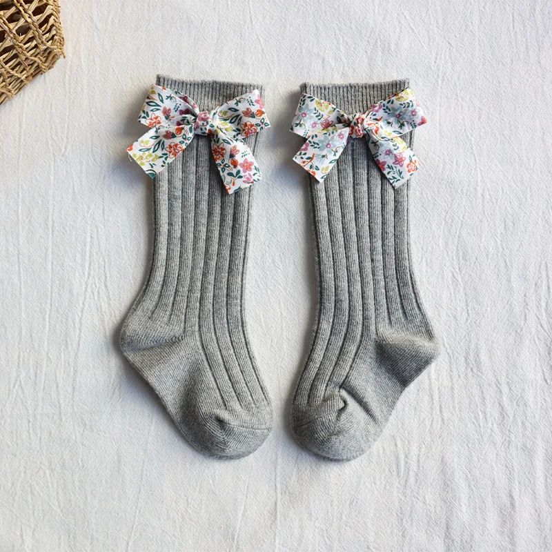 Toddlers Baby Girls Socks Floral Bows Knee High Long Sock Soft Cotton Stripe Children Socks Princess Style For 0-5 Years Kids