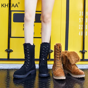

Women Lace Up Snow Boots Women's Suede Winter Waterproof Mid Calf Boots Cool Ladies Platform Fur Plush Winter Warm Shoes Woman