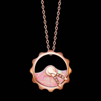 

18K Gold Real Diamond Women Pendant Necklaces Round Clock Pink Opal Wedding Party Engagement Anniversary Necklaces Birthday