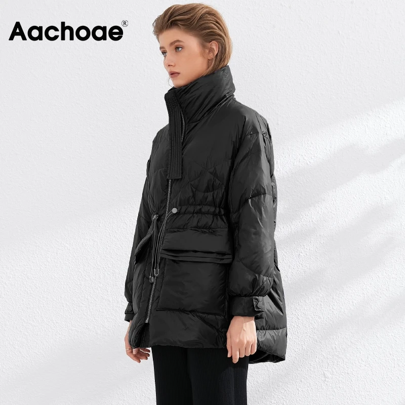 Aachoae Pure Winter Lightweight Down Jacket Women Thick Warm Batwing Long Sleeve Loose Doudoune Pocket Ultra Light Duck Down