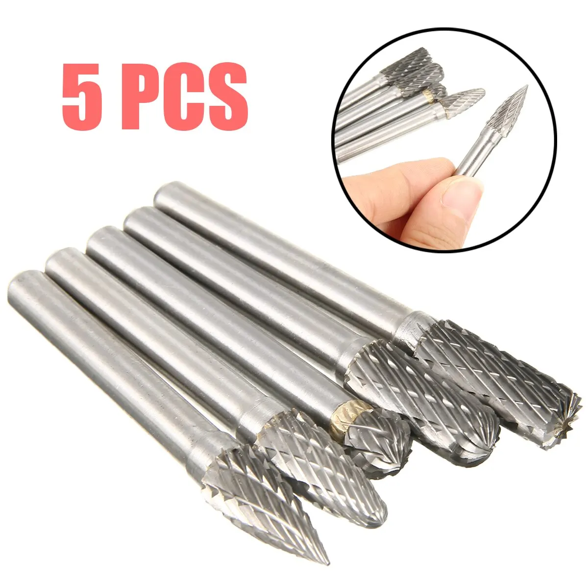 5pcs/set 8mm Tungsten Carbide Grinding Head Rotary Point Burrs 6mm Shank Bits Rotary File Cutter Tools for Finishing Metal Mold