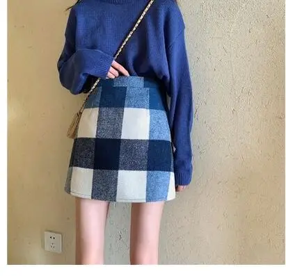 blue short Ретро большая клетчатая твидовая юбка осень зима прямая Высокая талия короткая юбка Мини Винтаж для женщин Jupe Courte Faldas Cortas Gonne - Цвет: blue short