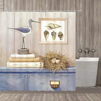 

Retro Painted Bird Shower Curtain, Conch Decorative Shower Curtain Bird Nest Tree Oil Painting Style Shower Curtain Set Does Not
