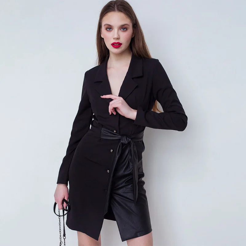 

Women Sexy Pu Leather Sheath Party Dress Ladies Long Sleeve v Neck Elegant Bow Tie Dress 2019 New Mini Dress Vintage Vestidos