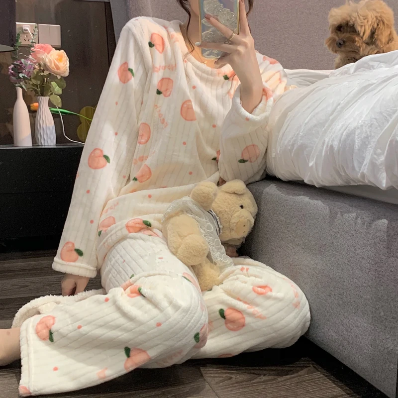 Пижамный комплект из кораллового флиса с длинным рукавом женский теплый костюм