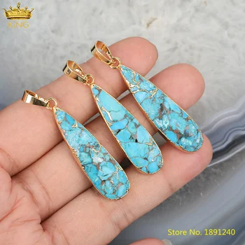

5pcs Natural Gold Line Turquoises Water Drop Pendant Connector,Plated Gold Caps Turquoises Slab Charms For DIY Jewelry Making