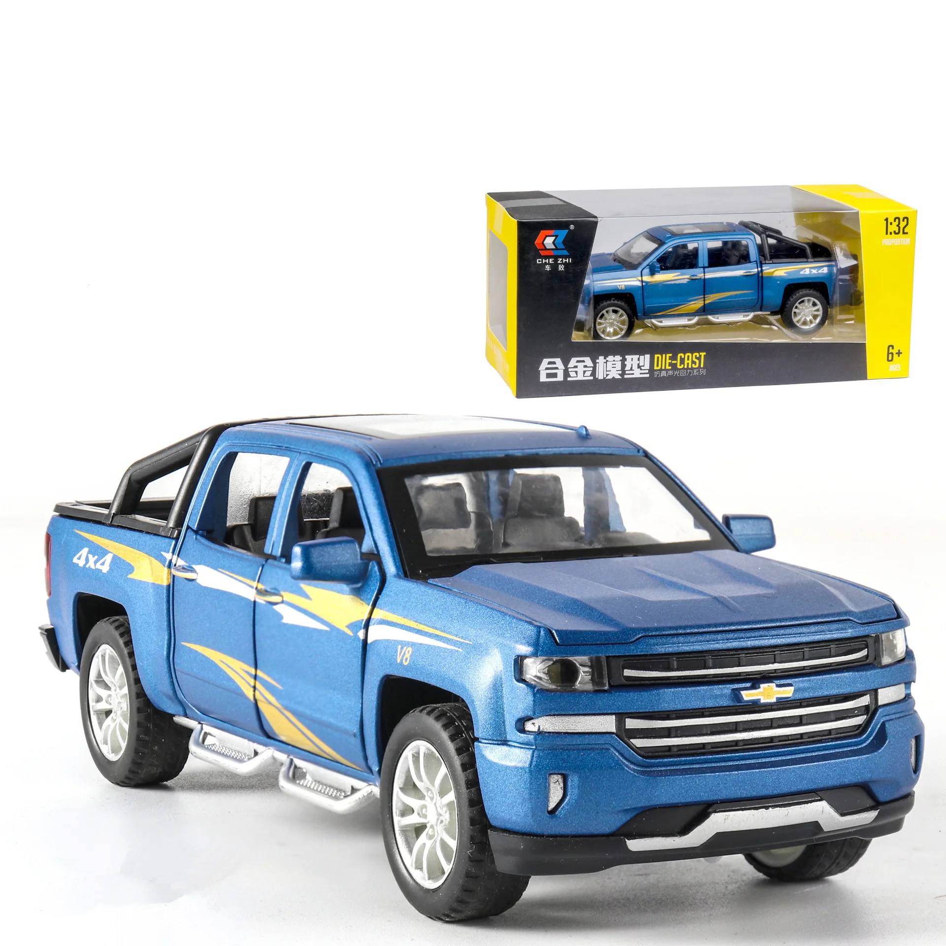 

[Boxed] Model Solander Pickup Model Alloy CHILDREN'S Toy Chevrolet Car Model Decoration with Sound And Light